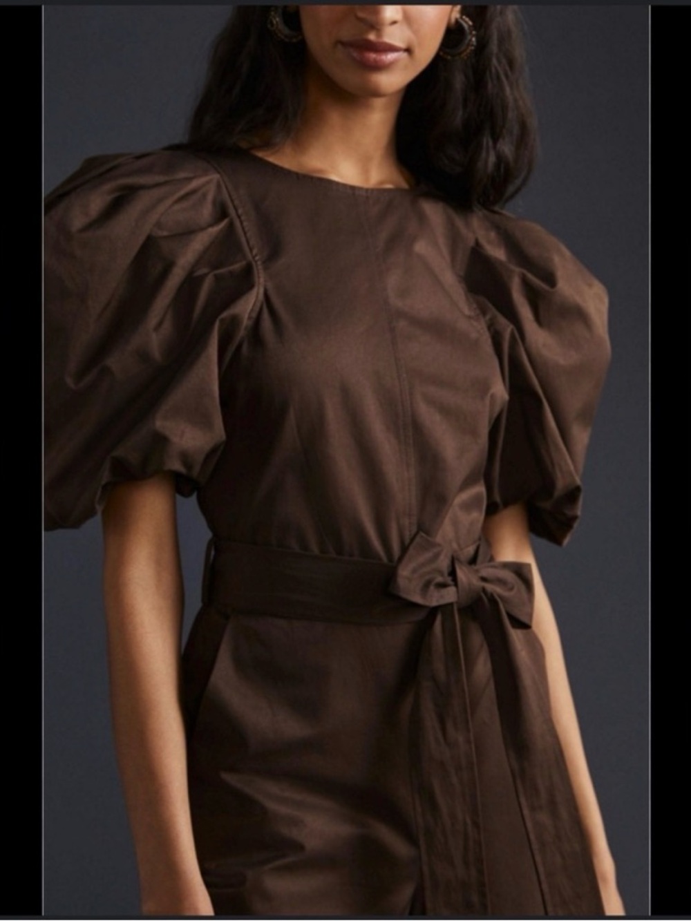 Anthropologie Jumpsuit En Saison Chocolate Brown Puff-Sleeve Jumpsuit with Open
